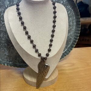 Silver Wing Pendant Necklace with Black Beads